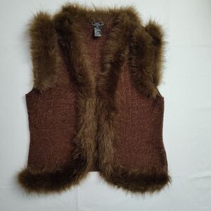 Lisa International, Women's Brown Chenille Knit Vest, Faux Fur Trim Size Large